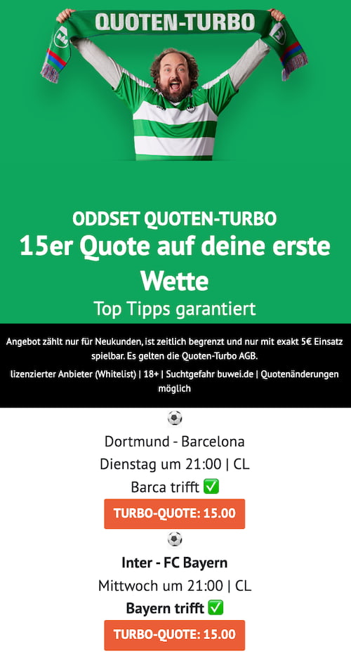 Top Angebote bei Oddset zur CL: 15er Quote auf Barca trifft in Dortmund bzw. auf Bayern trifft gegen Inter
